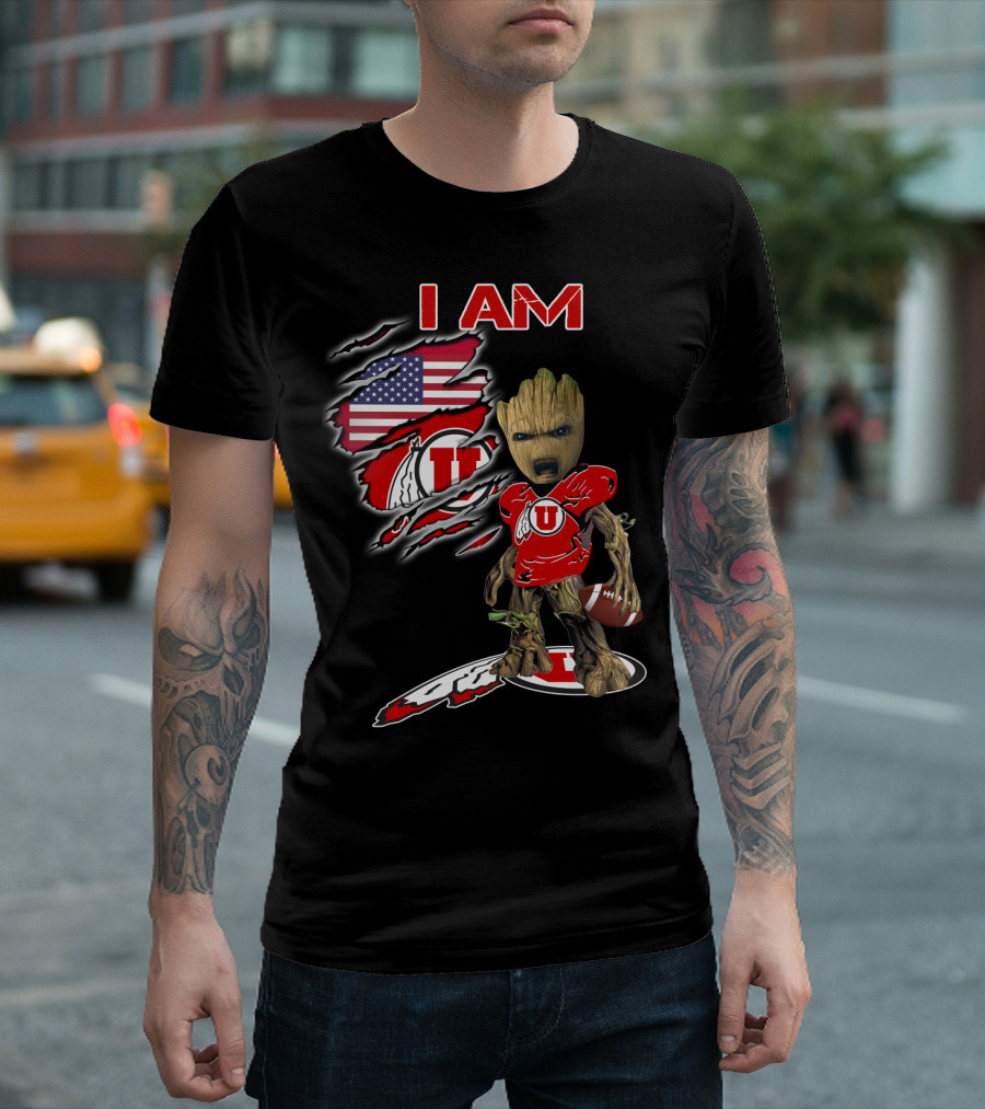 I AM Utes Baby Groot American Flag Football T-Shirt
