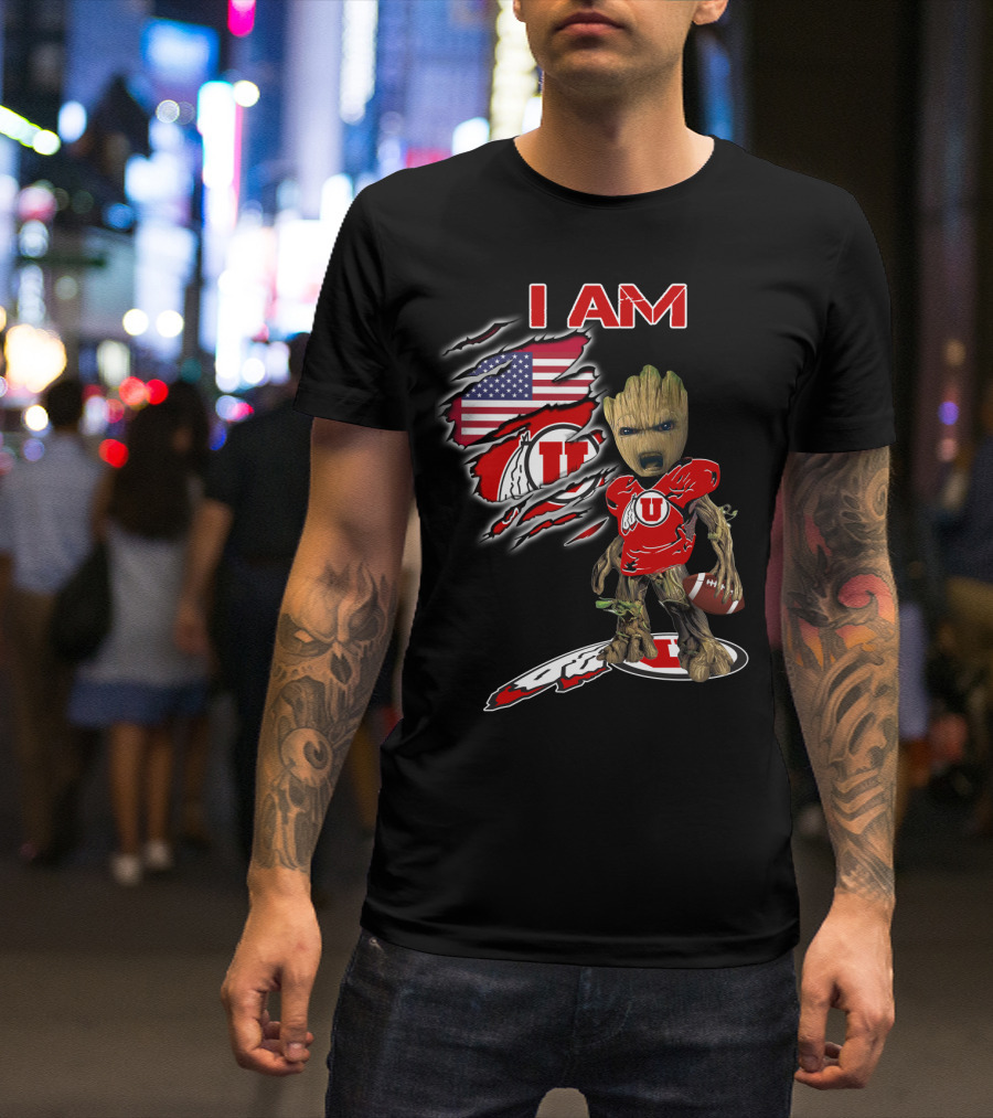 I AM Utes Baby Groot American Flag Football T-Shirt