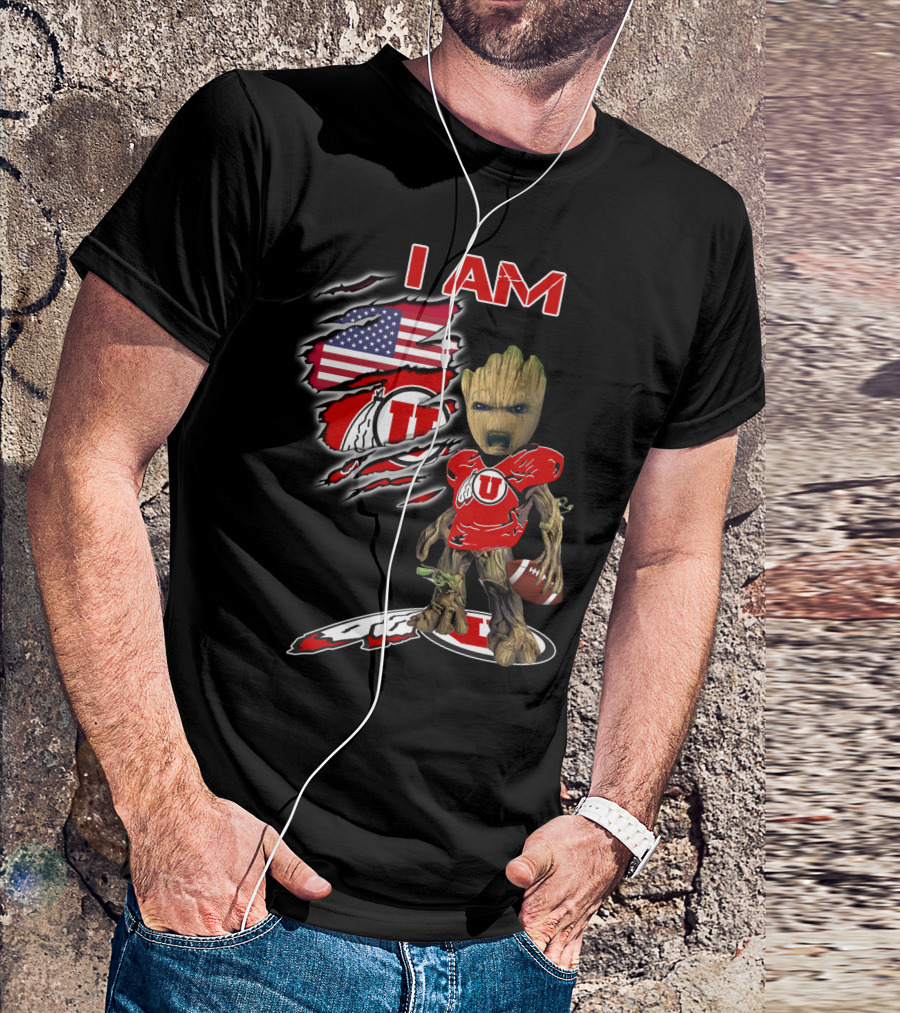 I AM Utes Baby Groot American Flag Football T-Shirt