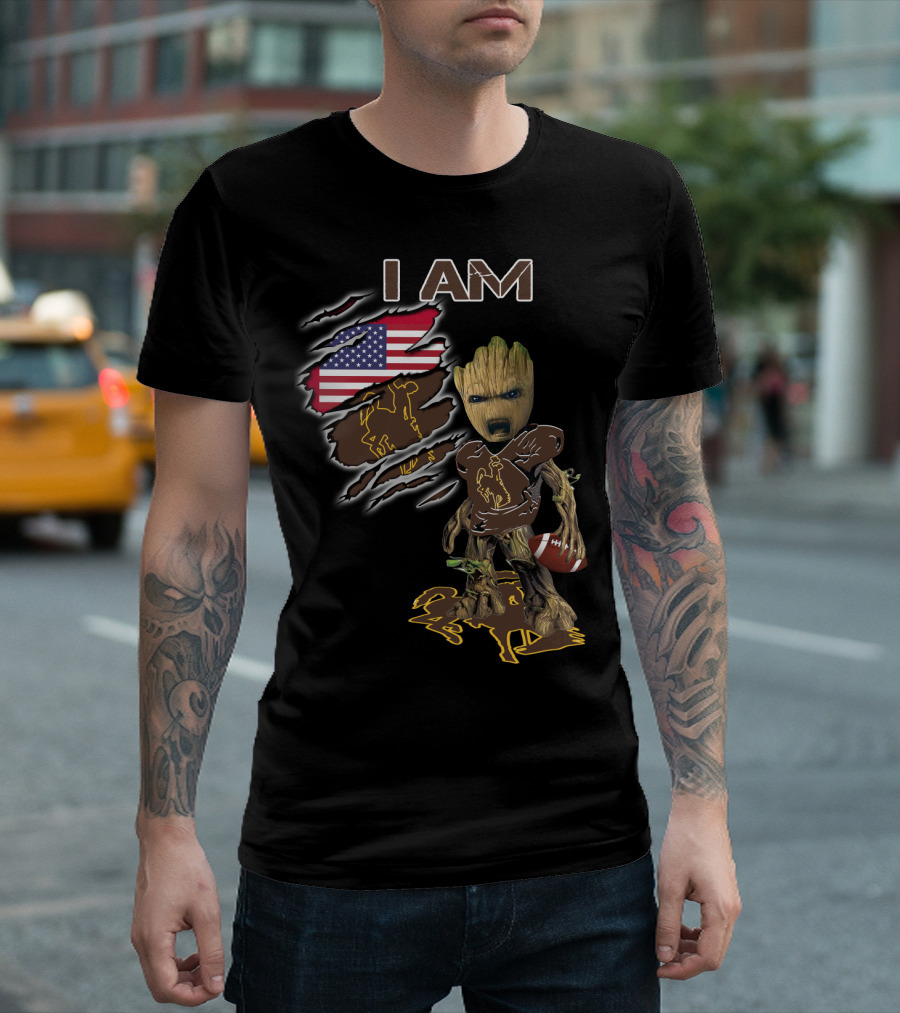 I Am Wyoming Baby Groot American Flag Cowboy Football Player T-Shirt
