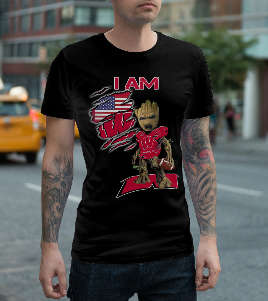 I Am Wisconsin Baby Groot Usa Flag Football W T-Shirt