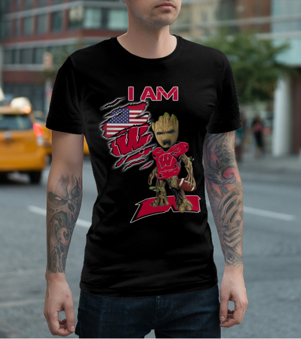 I Am Wisconsin Baby Groot Usa Flag Football W T-Shirt