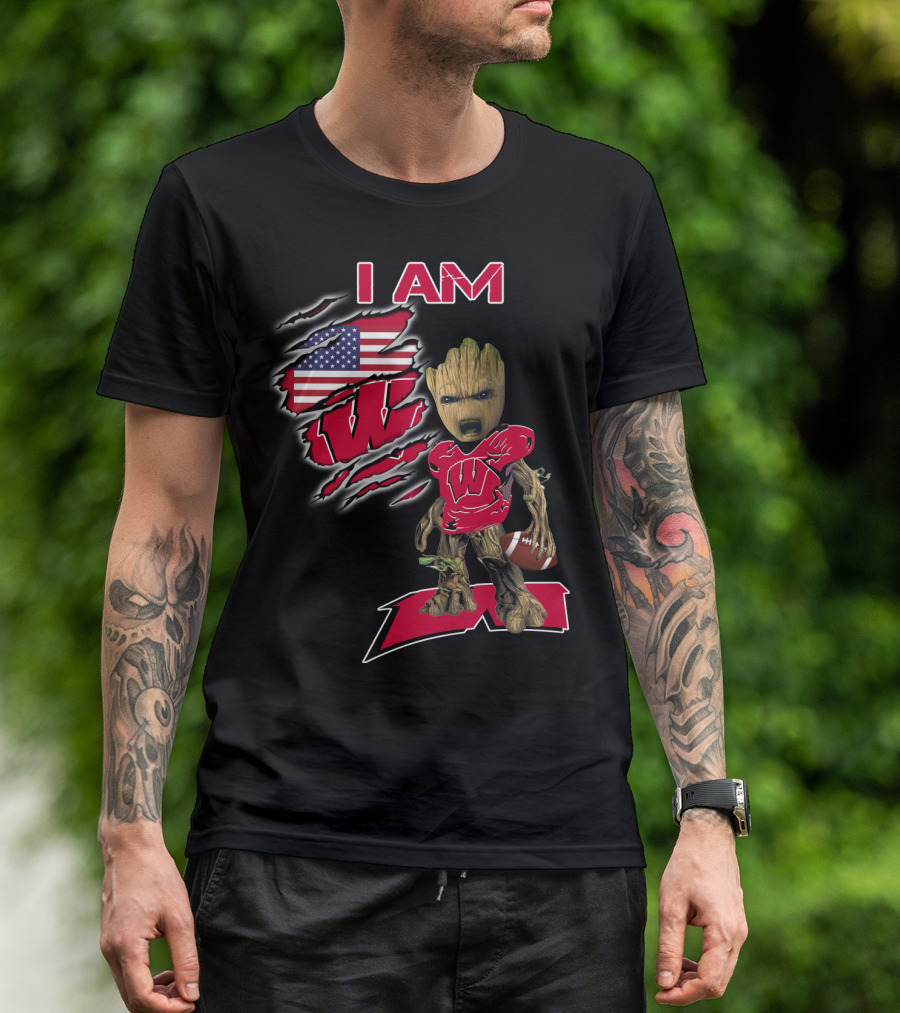 I Am Wisconsin Baby Groot Usa Flag Football W T-Shirt