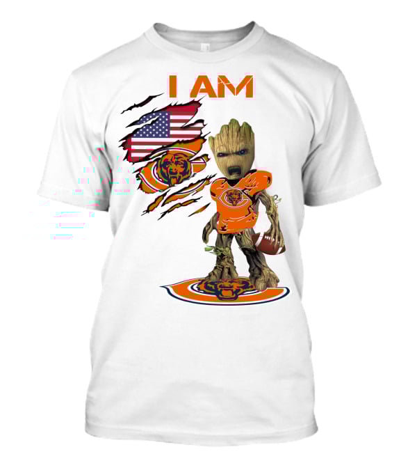 I AM Bears Baby Groot Holding Football With American Flag And Chicago Bears T-Shirt