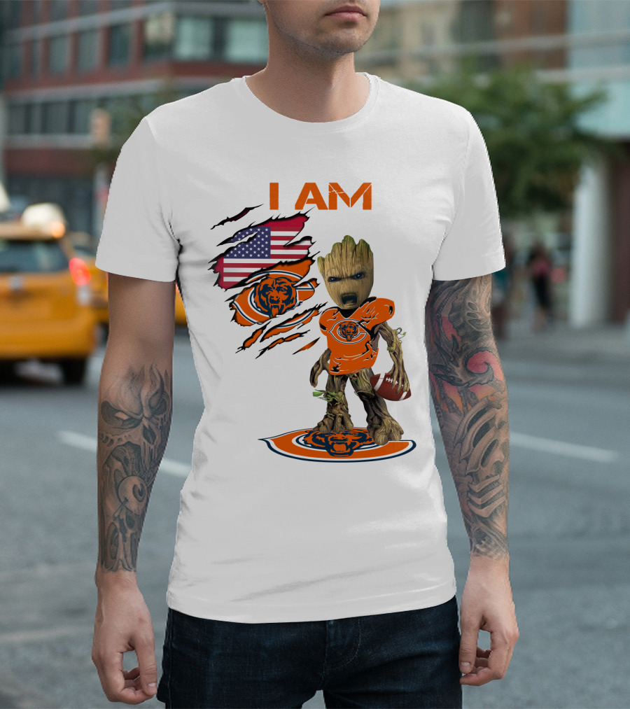 I AM Bears Baby Groot Holding Football with American Flag and Chicago Bears T-Shirt