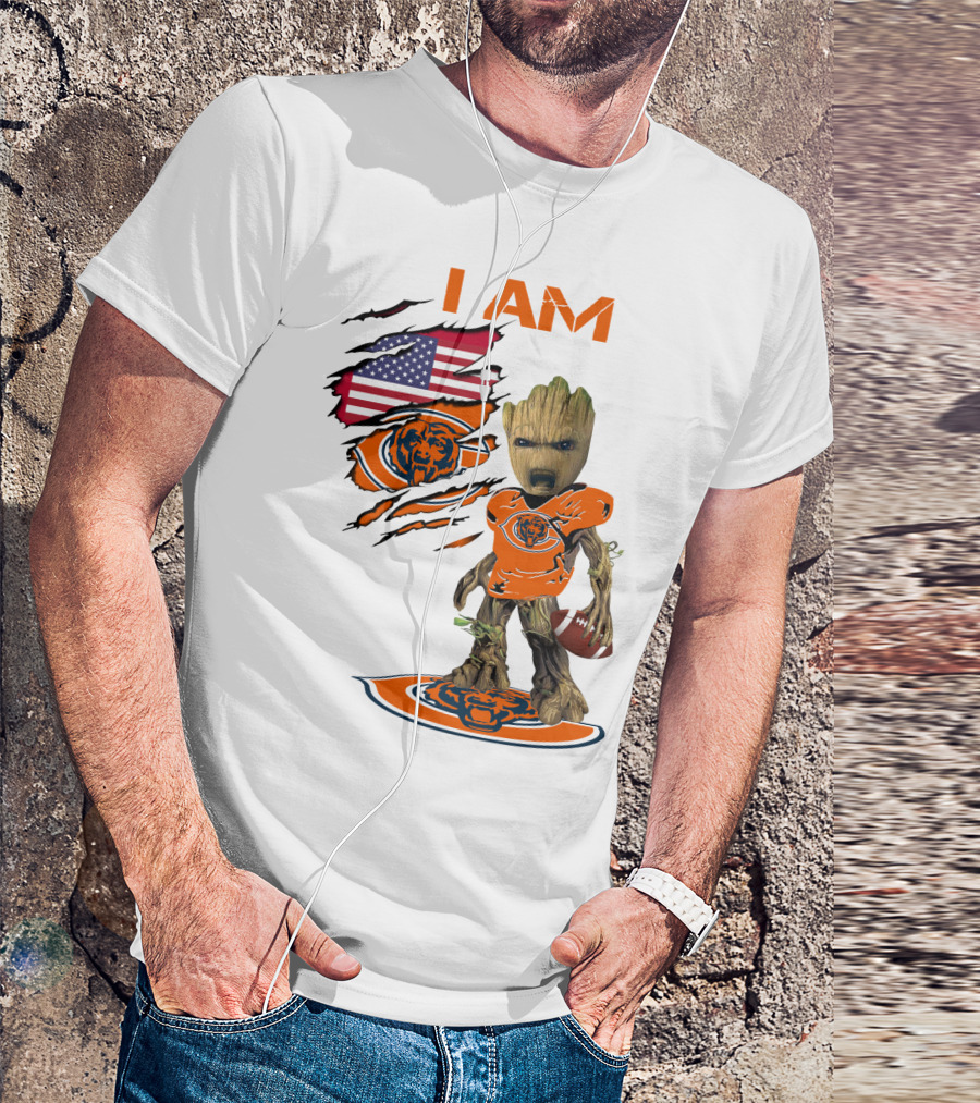 I AM Bears Baby Groot Holding Football With American Flag And Chicago Bears T-Shirt