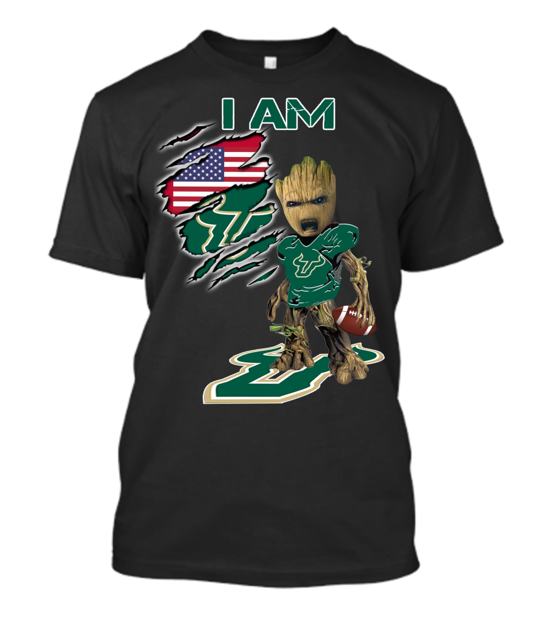 I Am Usf Baby Groot Holding Football With Usa Flag And Bulls T-Shirt