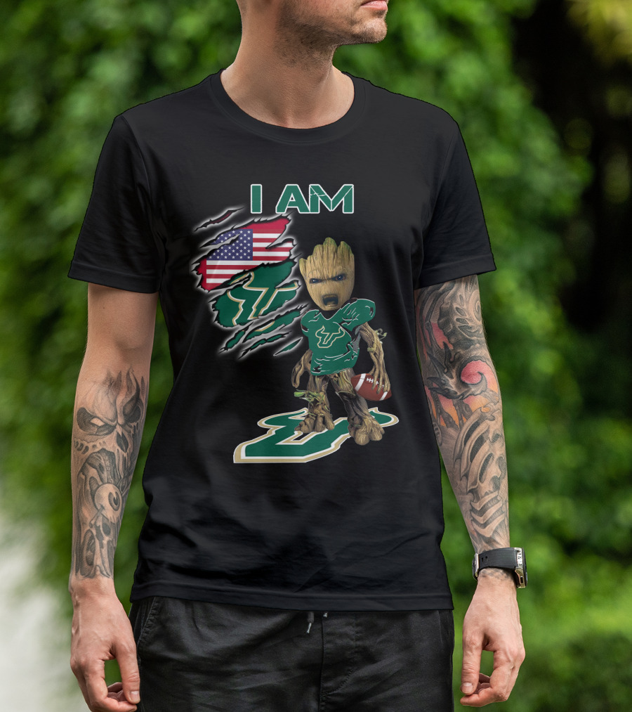 I Am Usf Baby Groot Holding Football With Usa Flag And Bulls T-Shirt