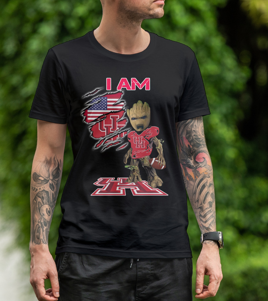 I Am Baby Groot Uh Football American Flag Houston T-Shirt