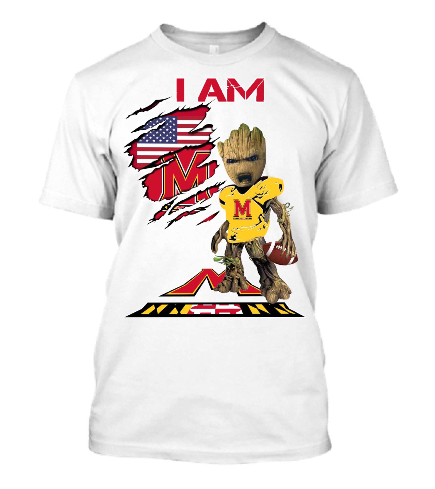 I Am Maryland Baby Groot Football M Logo American Flag T-Shirt