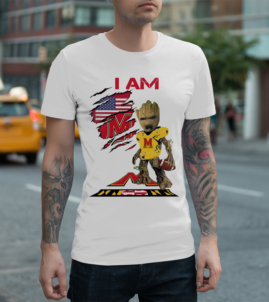 I Am Maryland Baby Groot Football M Logo American Flag T-Shirt