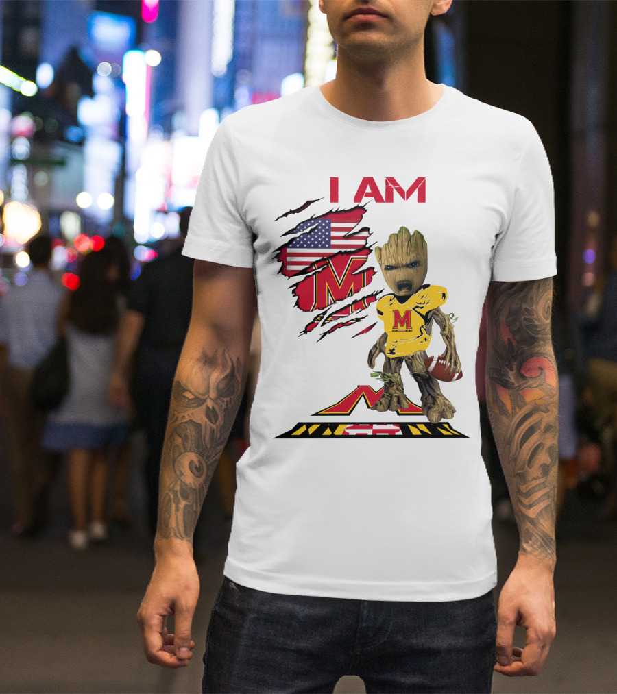 I Am Maryland Baby Groot Football M Logo American Flag T-Shirt