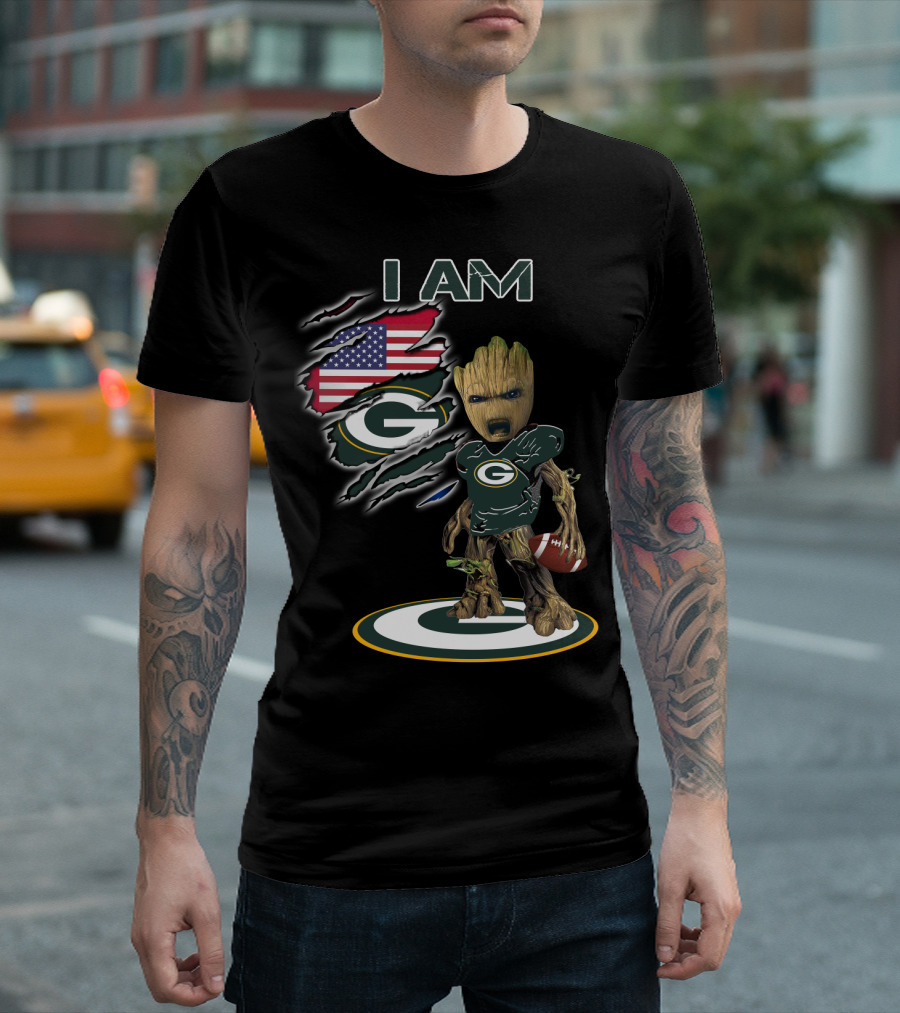 I Am Packers Baby Groot American Flag Football T-Shirt