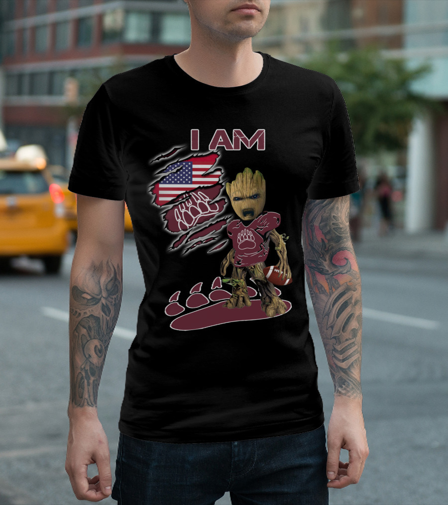 I AM American Flag Football Baby Groot Bear Paw T-Shirt