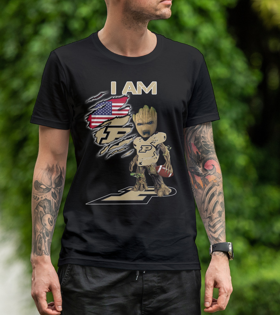 I Am Purdue Baby Groot American Flag Purdue Football T-Shirt