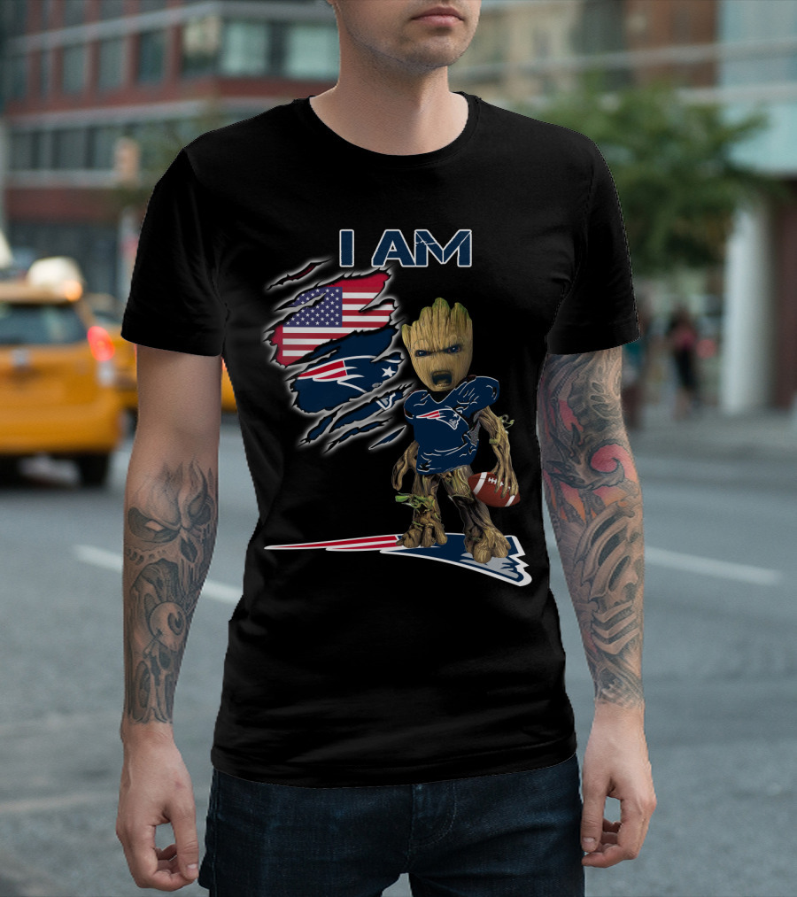 I AM Patriots Baby Groot American Flag Football T-Shirt