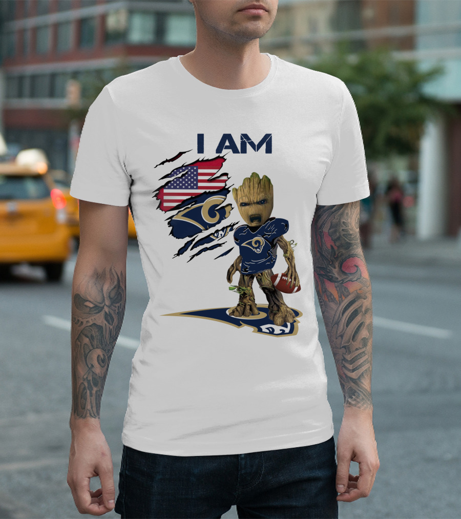 I AM Rams Baby Groot Football USA Flag T-Shirt