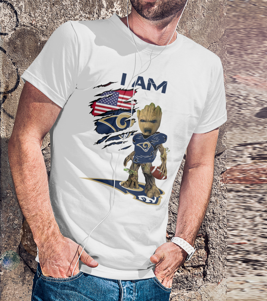 I AM Rams Baby Groot Football USA Flag T-Shirt