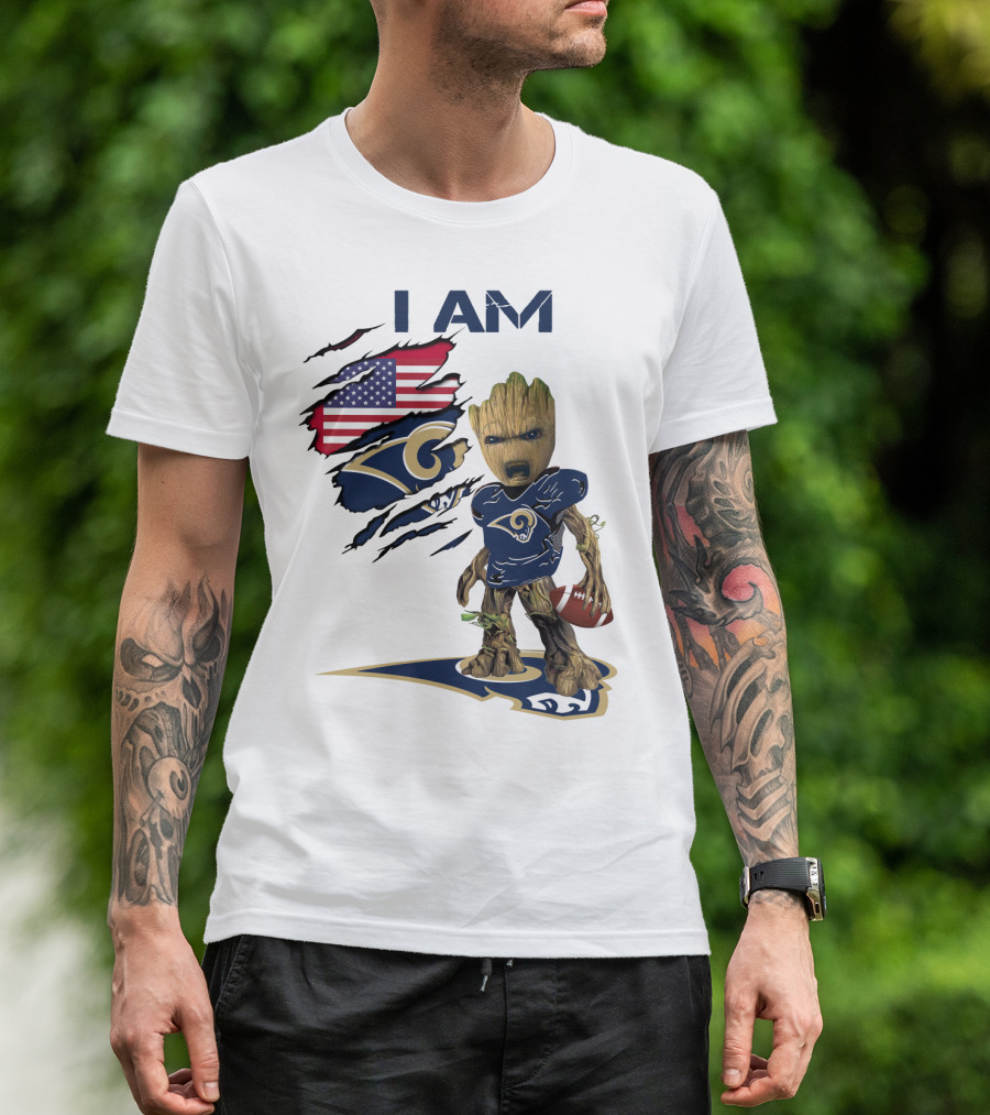 I AM Rams Baby Groot Football USA Flag T-Shirt