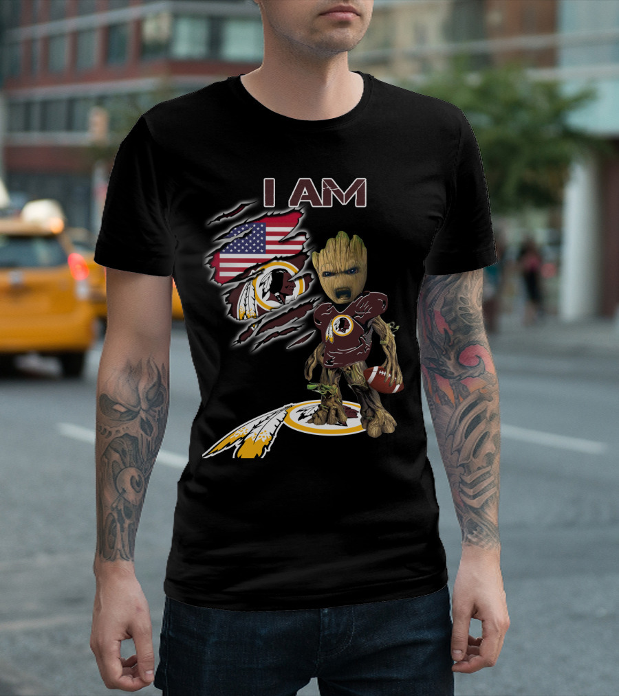 I Am Redskins Baby Groot Football American Flag T-Shirt