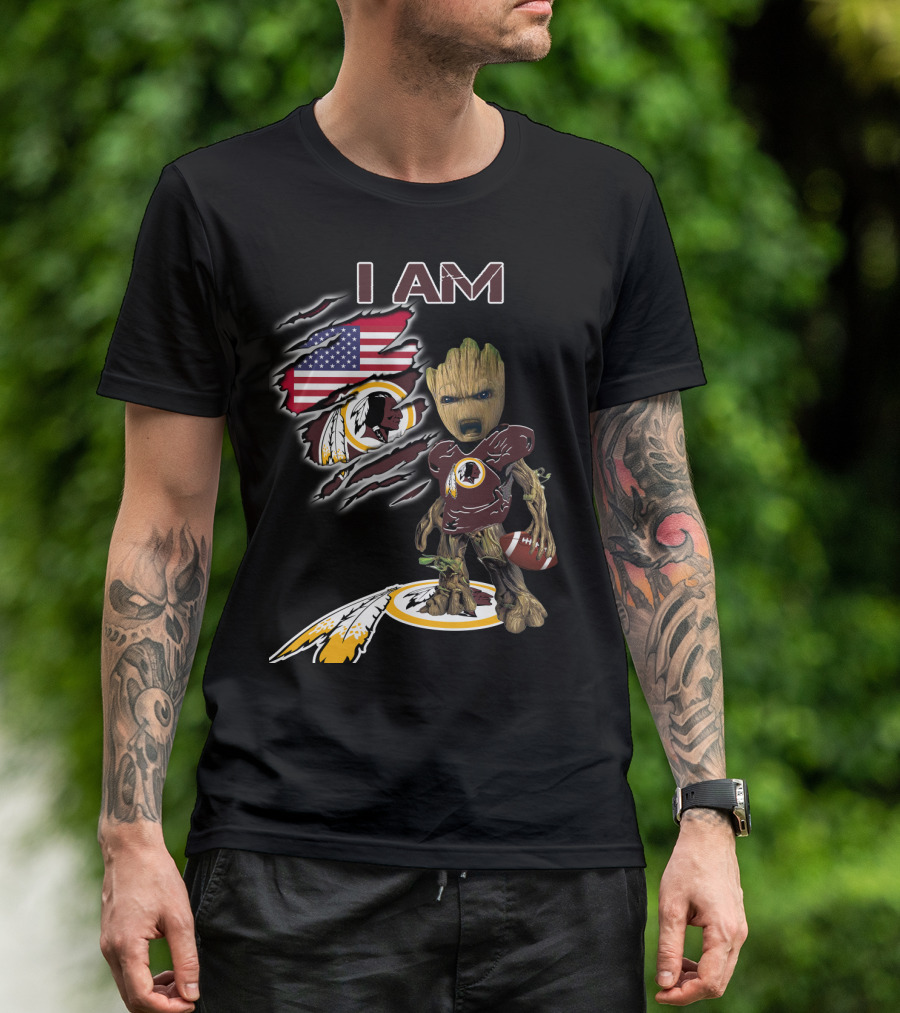I Am Redskins Baby Groot Football American Flag T-Shirt