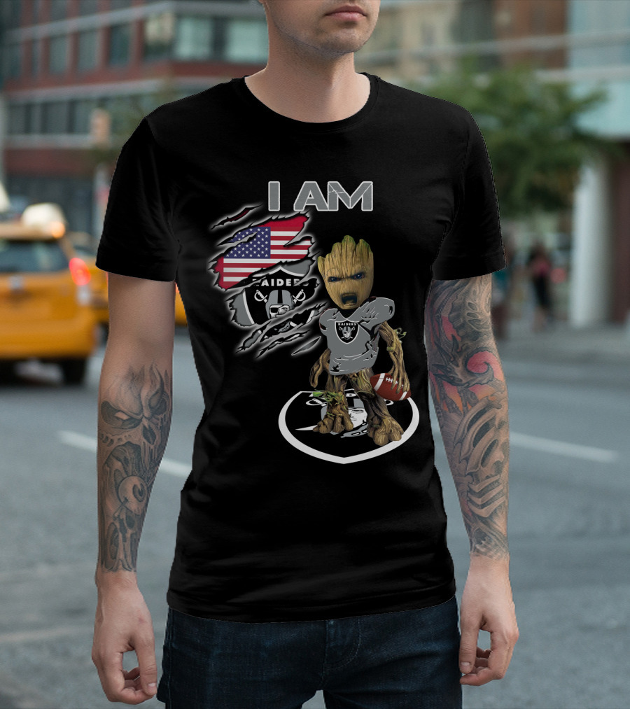 I AM Raiders Baby Groot American Flag Football T-Shirt