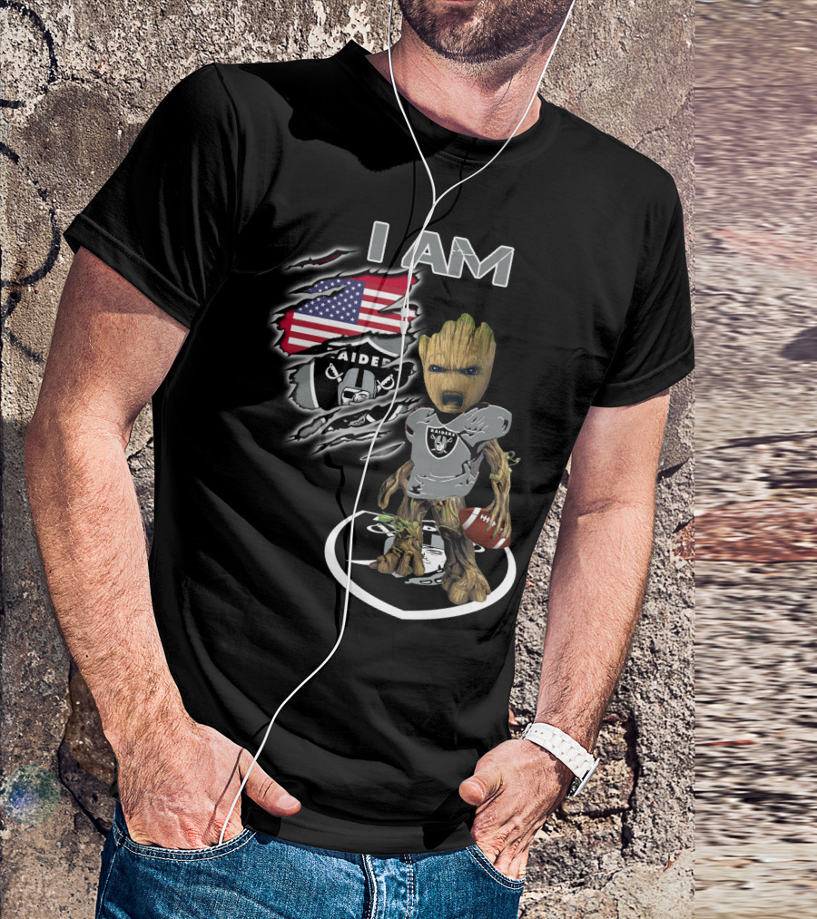 I AM Raiders Baby Groot American Flag Football T-Shirt