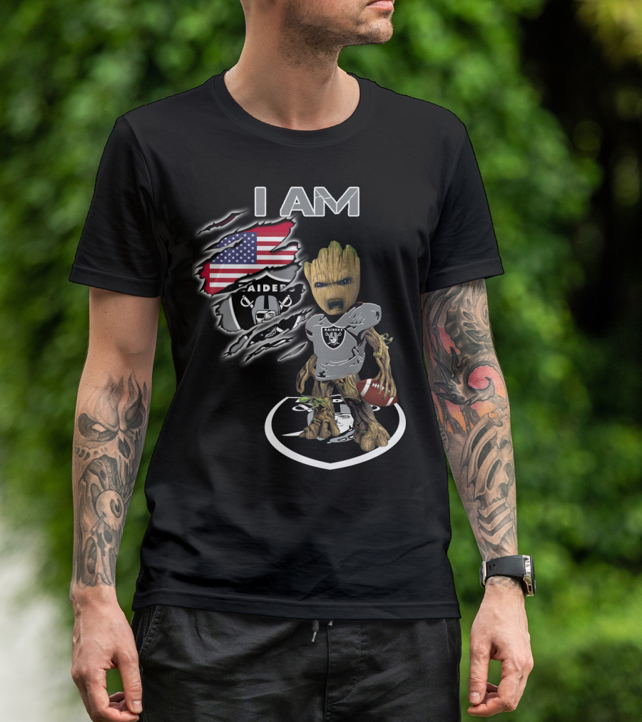 I AM Raiders Baby Groot American Flag Football T-Shirt