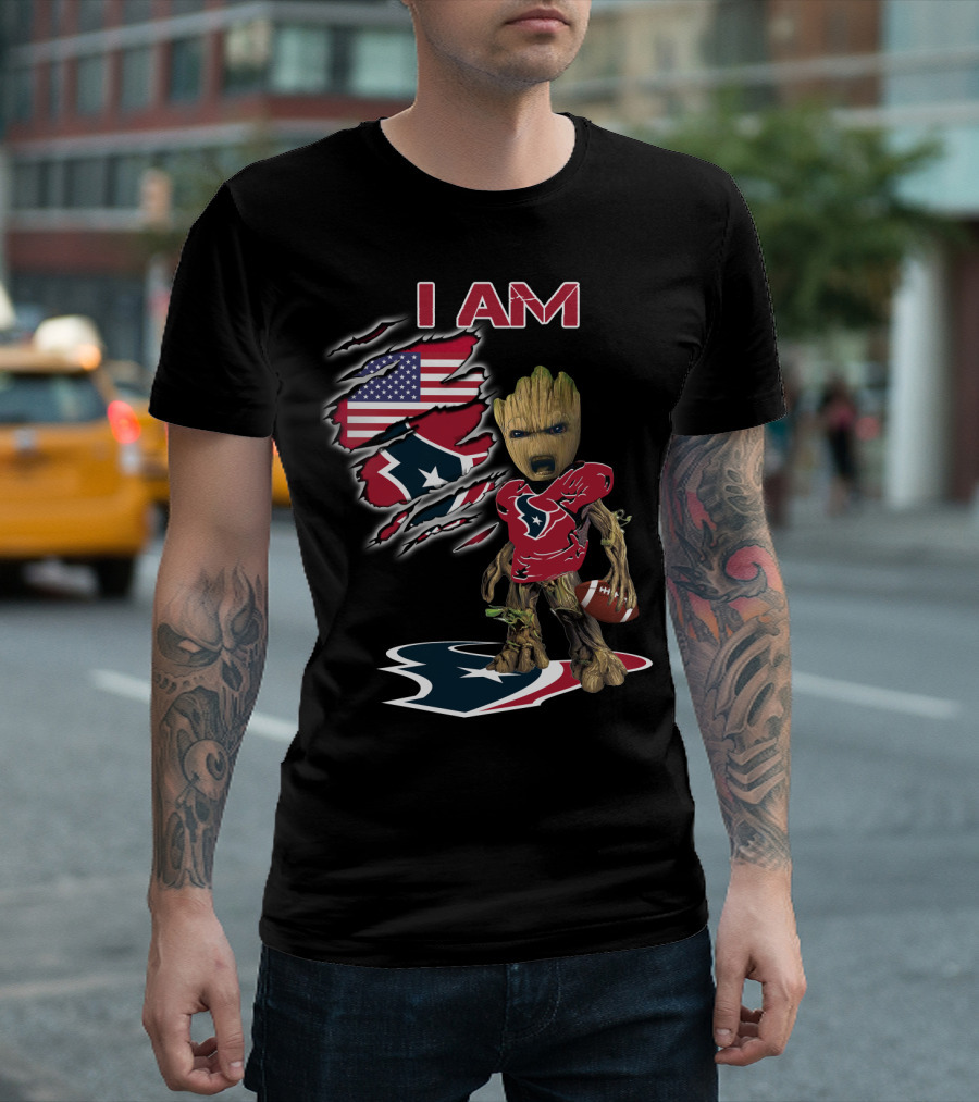 I Am Texans Baby Groot American Flag Football Fan T-Shirt