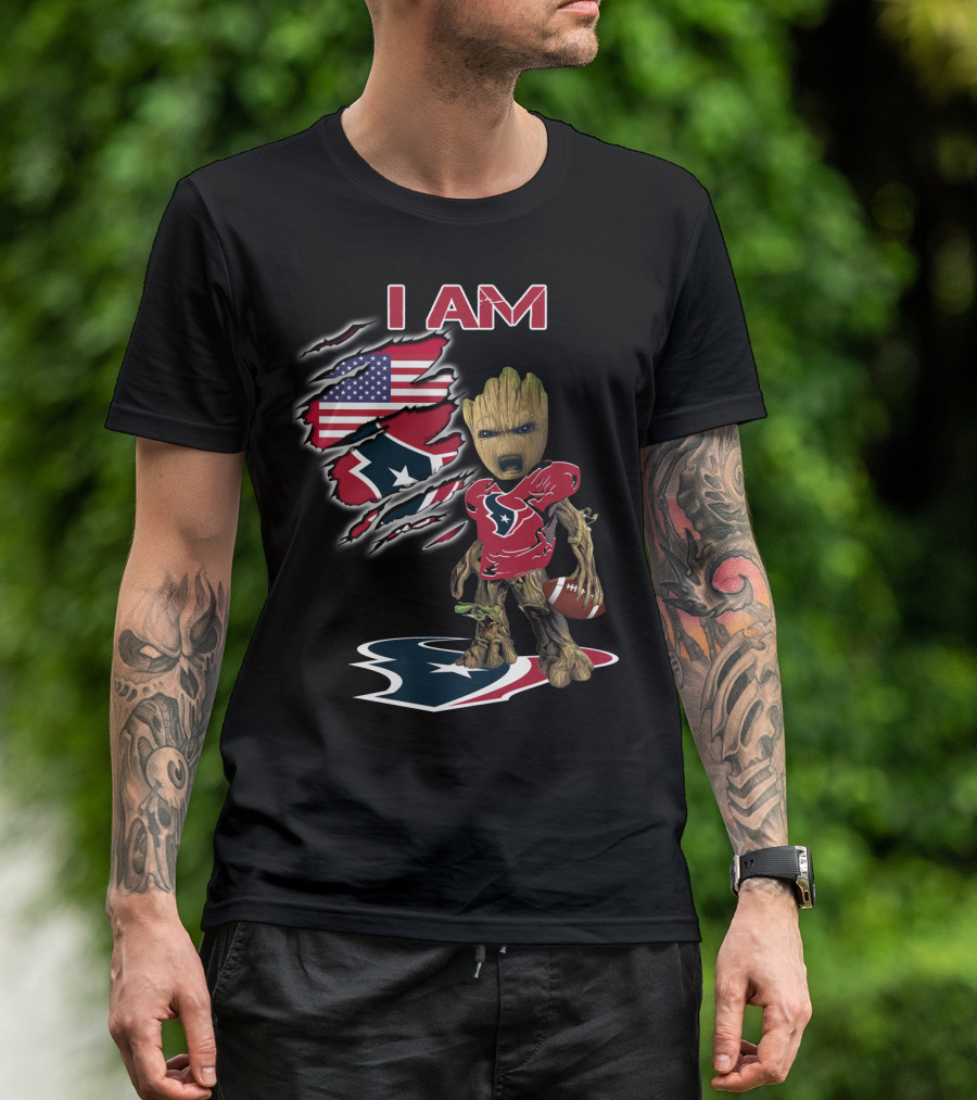 I Am Texans Baby Groot American Flag Football Fan T-Shirt