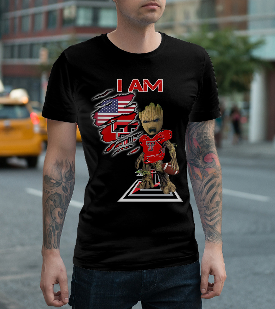 I AM Texas Tech Football American Flag Baby Groot T-Shirt