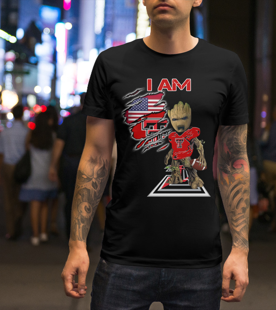 I AM Texas Tech Football American Flag Baby Groot T-Shirt