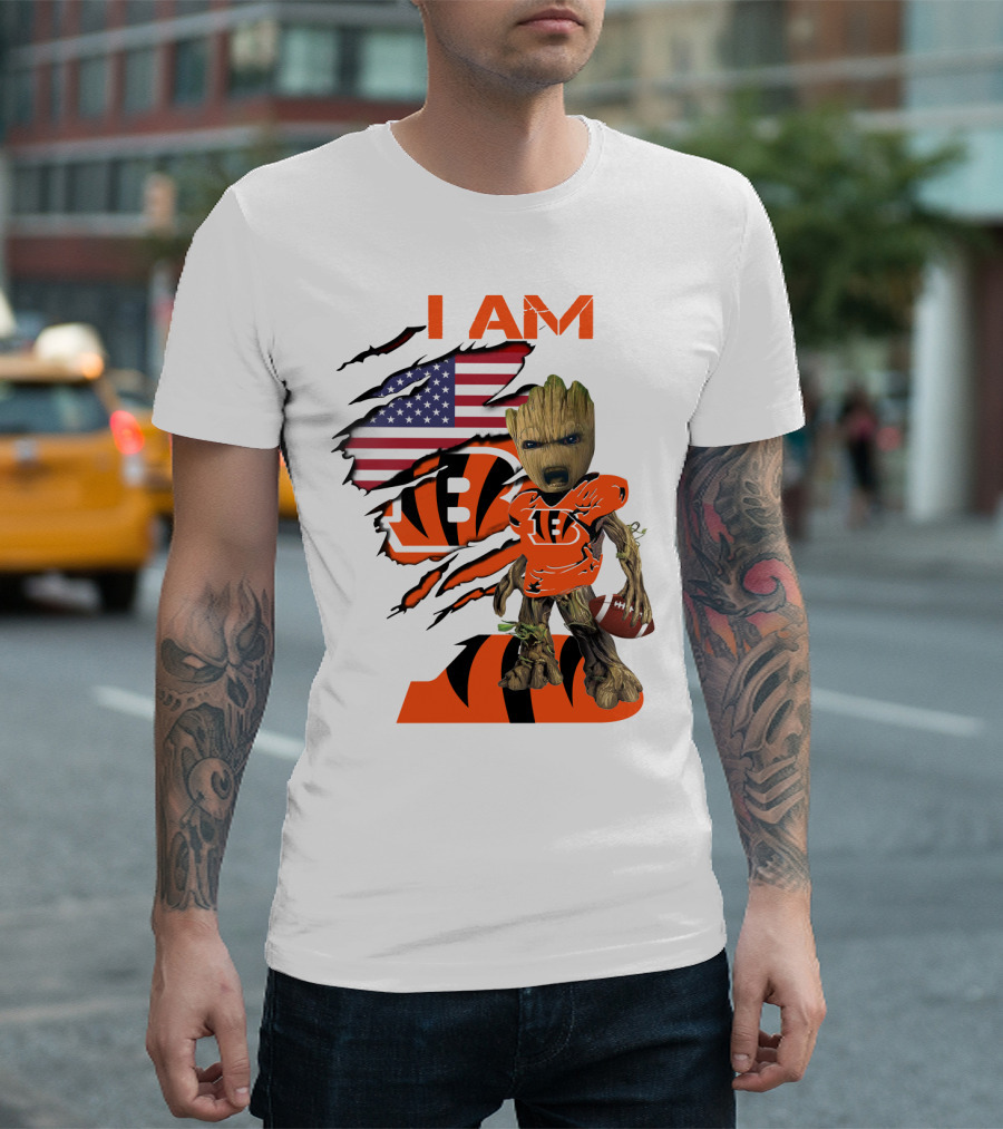 I AM Bengals Baby Groot Football USA Flag T-Shirt