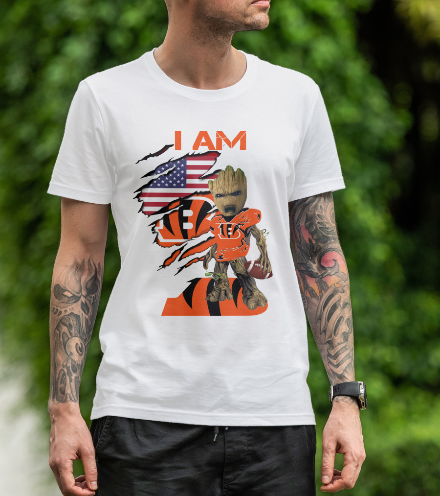 I AM Bengals Baby Groot Football USA Flag T-Shirt