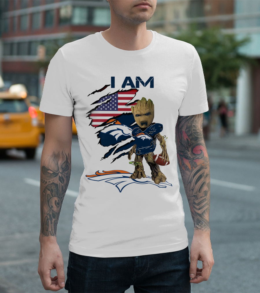 I Am Broncos Baby Groot American Flag Football T-Shirt