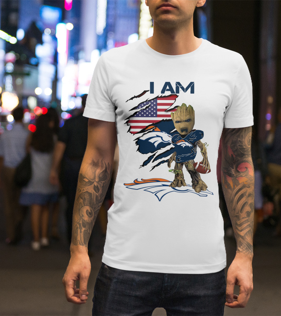 I Am Broncos Baby Groot American Flag Football T-Shirt