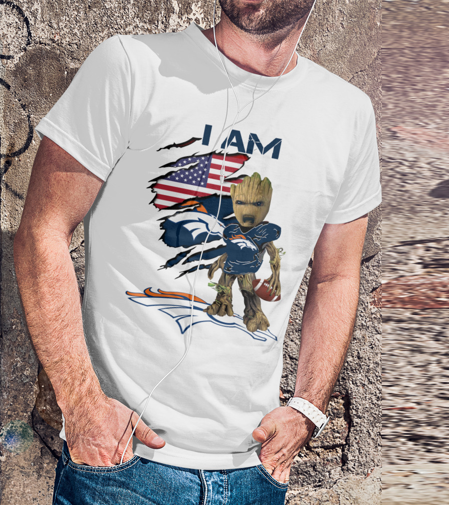 I Am Broncos Baby Groot American Flag Football T-Shirt