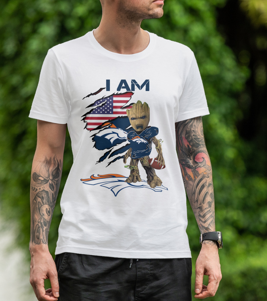 I Am Broncos Baby Groot American Flag Football T-Shirt