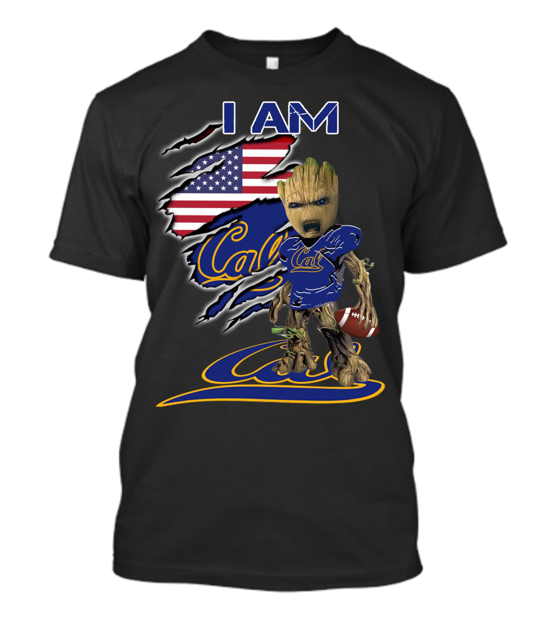 I AM Cal Baby Groot Football USA Flag T-Shirt