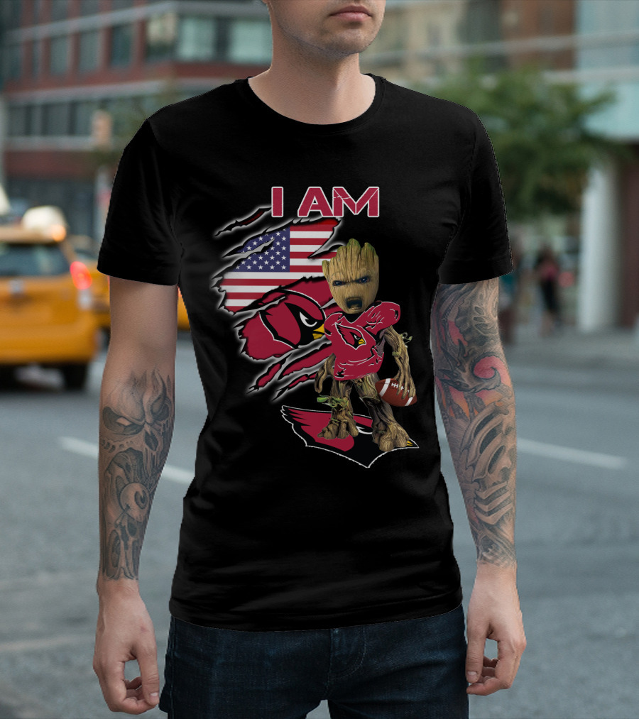 I Am Arizona Cardinals Baby Groot American Flag T-Shirt