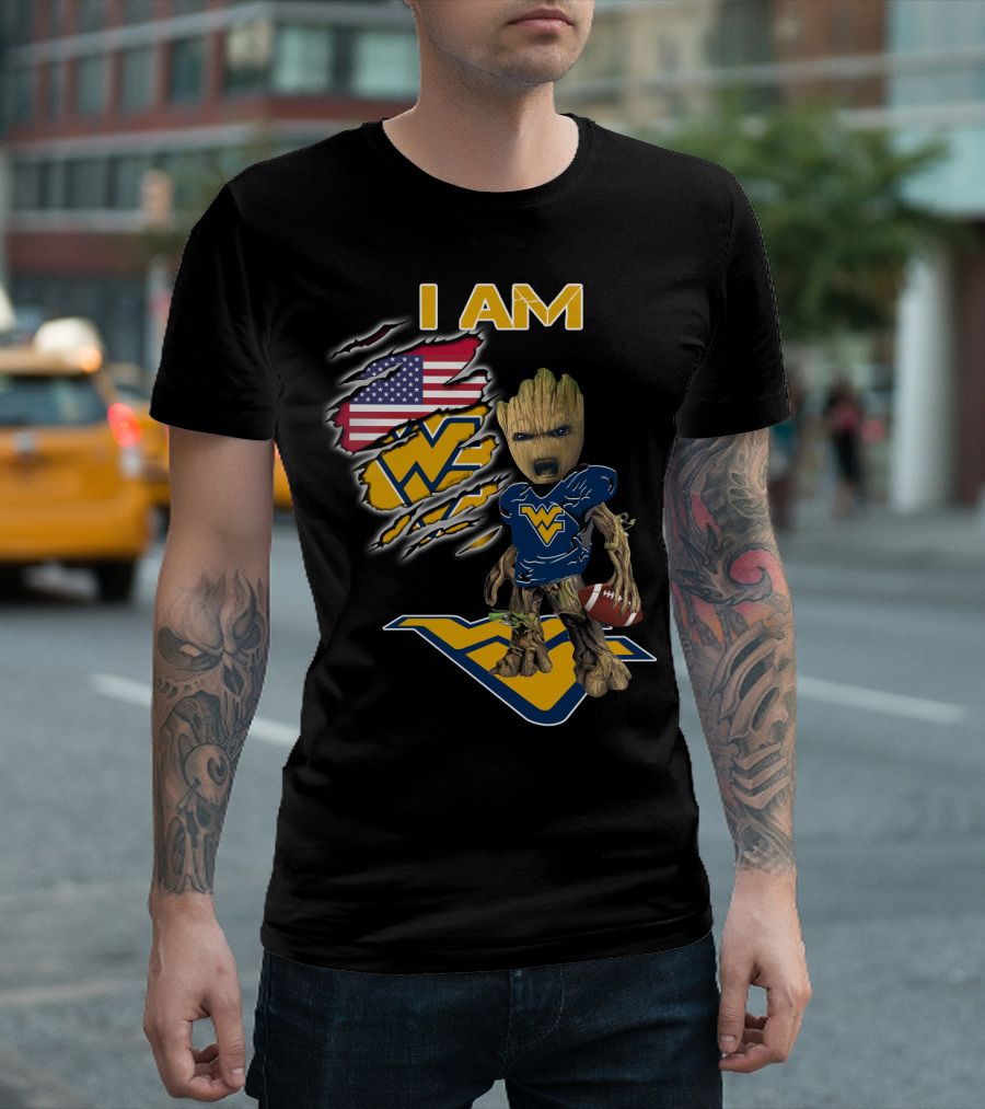 I AM West Virginia Mountaineers Baby Groot Football Fan USA Flag T-Shirt