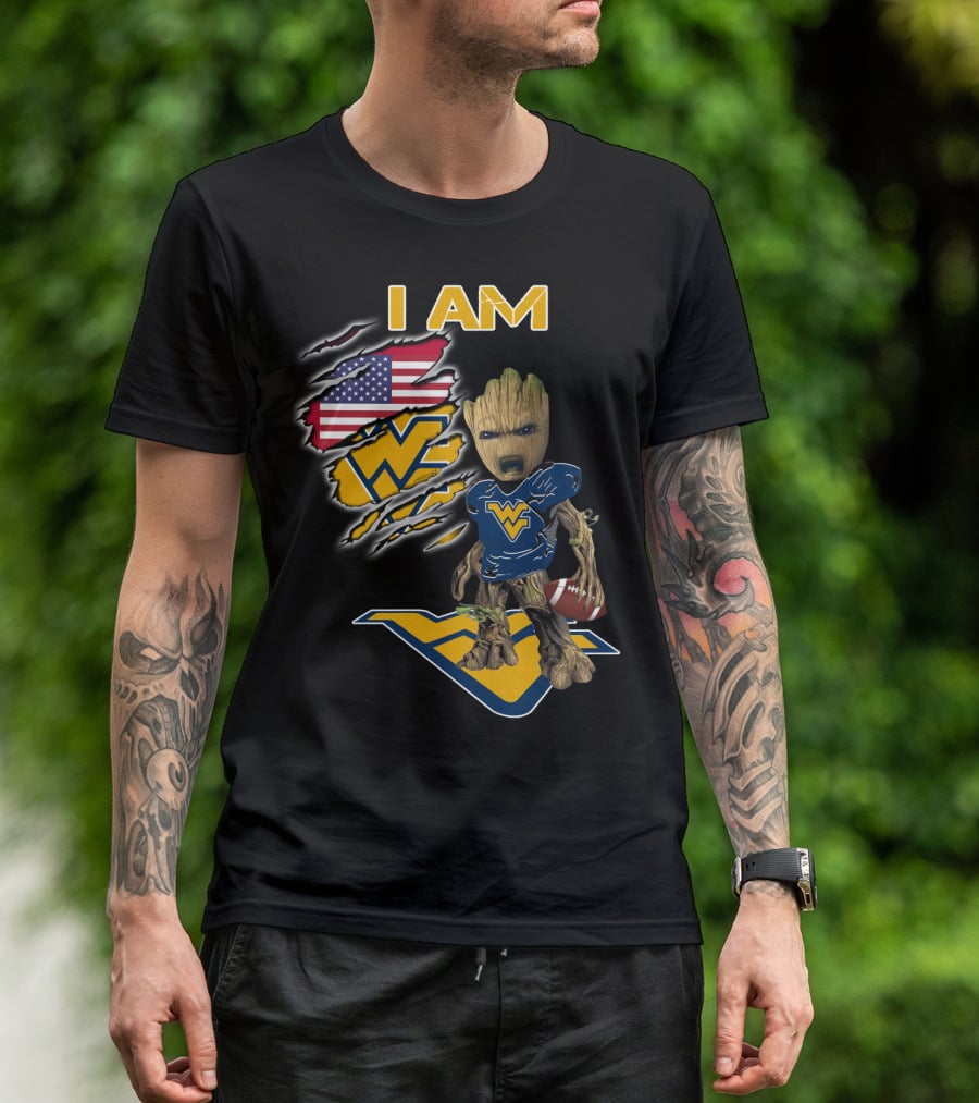 I AM West Virginia Mountaineers Baby Groot Football Fan USA Flag T-Shirt