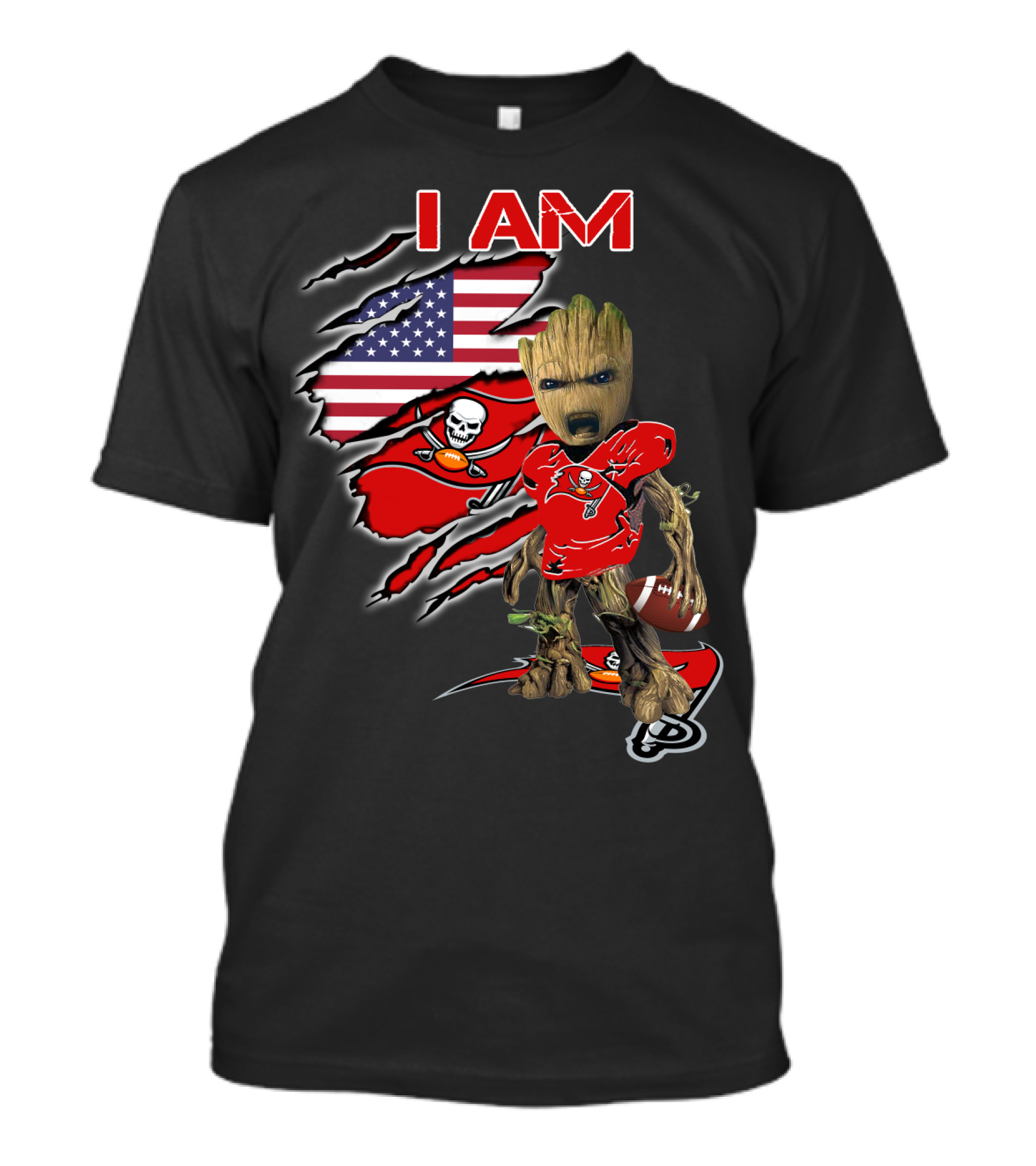 I AM Buc Baby Groot American Flag Buccaneers Football T-Shirt