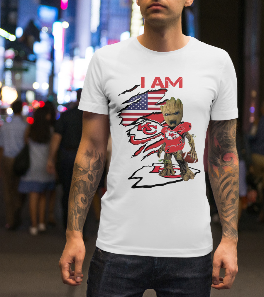 I Am Chiefs Baby Groot American Flag Football KC T-Shirt