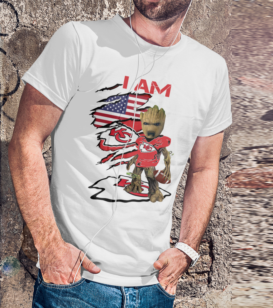 I Am Chiefs Baby Groot American Flag Football KC T-Shirt