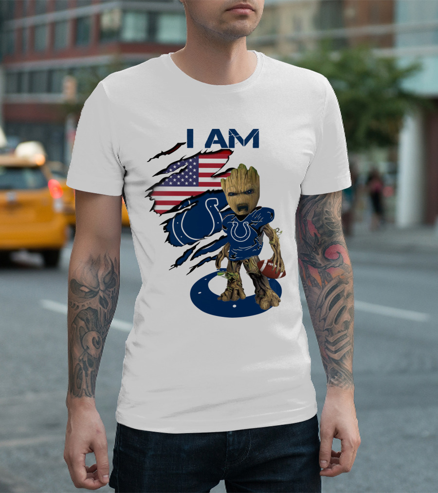 I Am Colts Baby Groot American Flag Football T-Shirt