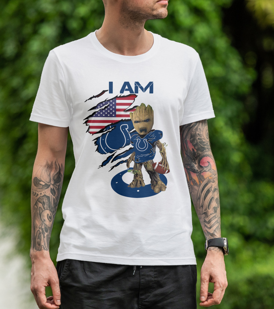 I Am Colts Baby Groot American Flag Football T-Shirt