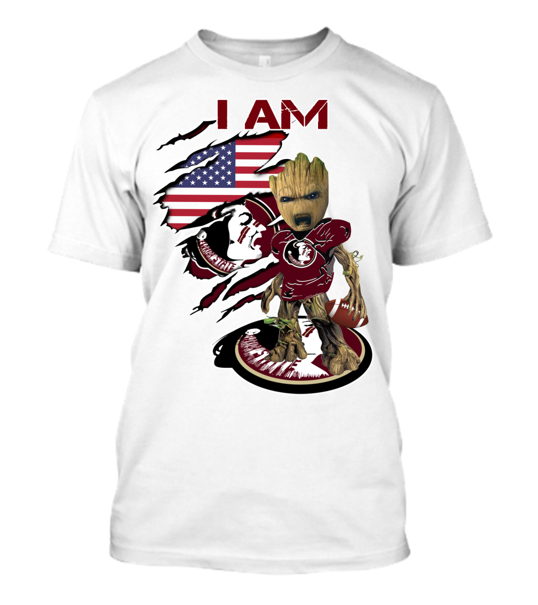 I Am Florida State University Baby Groot With American Flag And Football T-Shirt