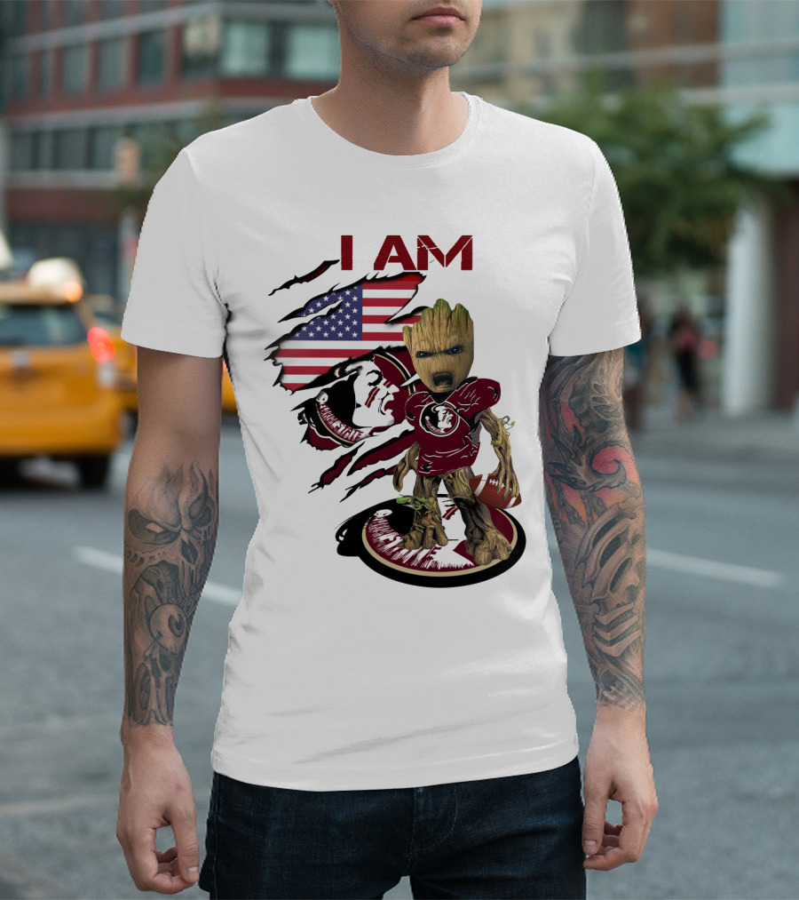 I Am Florida State University Baby Groot with American Flag and Football T-Shirt