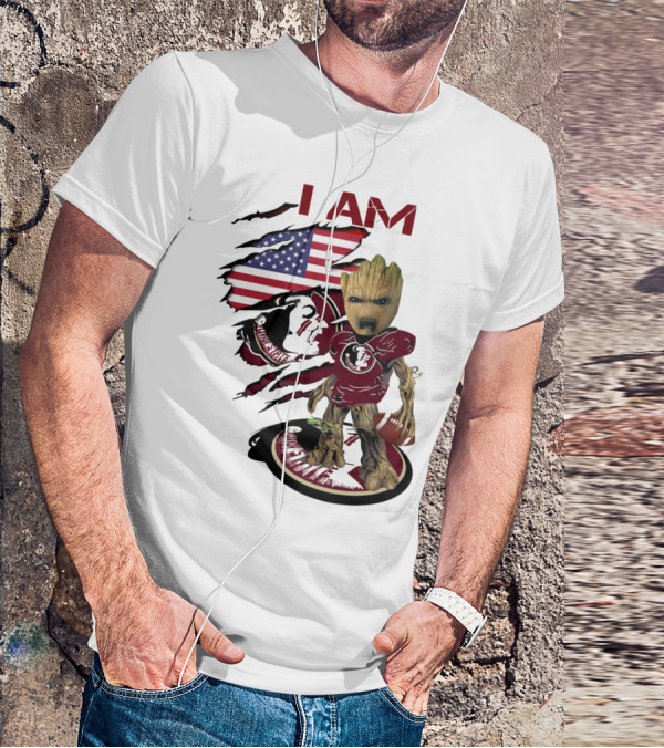 I Am Florida State University Baby Groot With American Flag And Football T-Shirt